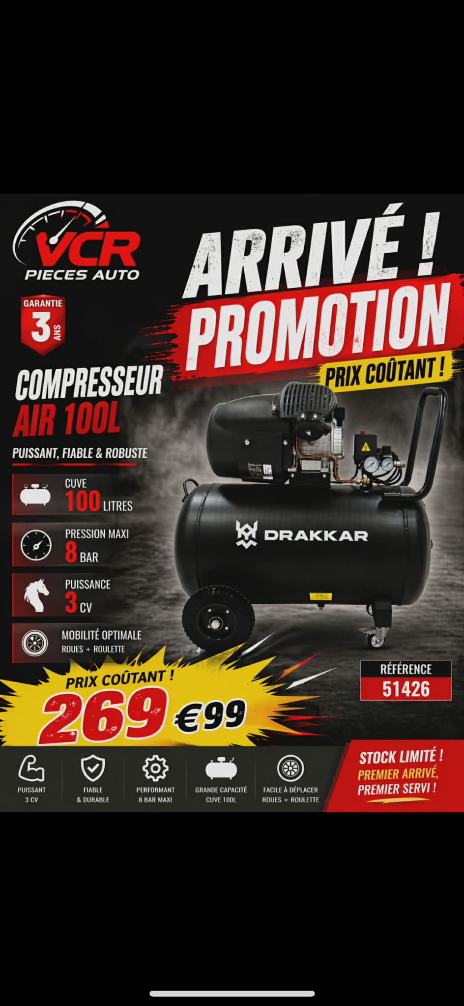 Compresseur 100l drakkar VCR Pièces Auto